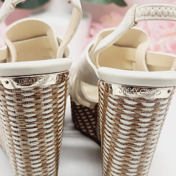 💋NEW💋JIMMY CHOO Perdita Leather Raffia Wedge Sandals - Picture 5 of 14